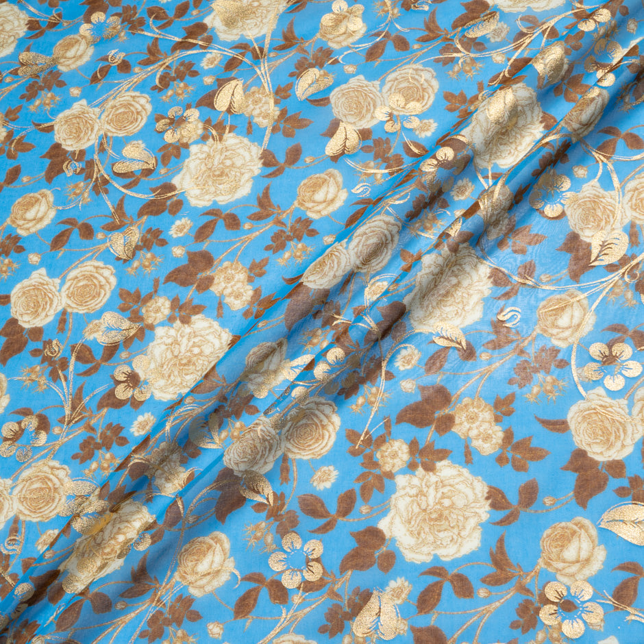 Beige Floral Printed Rich Blue Laminated Cotton Voile