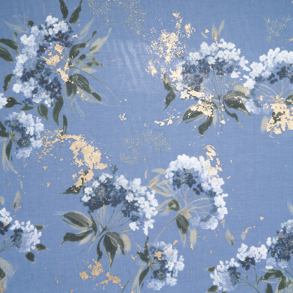 Floral Printed Blue Laminated Cotton Voile