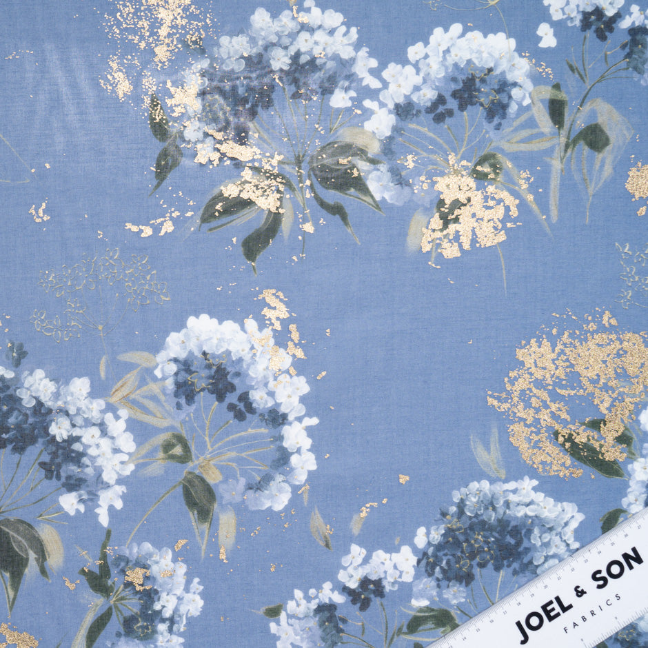 Floral Printed Blue Laminated Cotton Voile