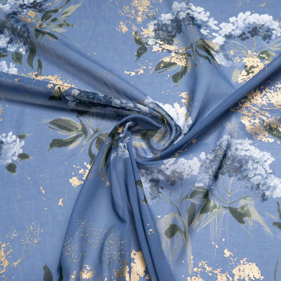 Floral Printed Blue Laminated Cotton Voile