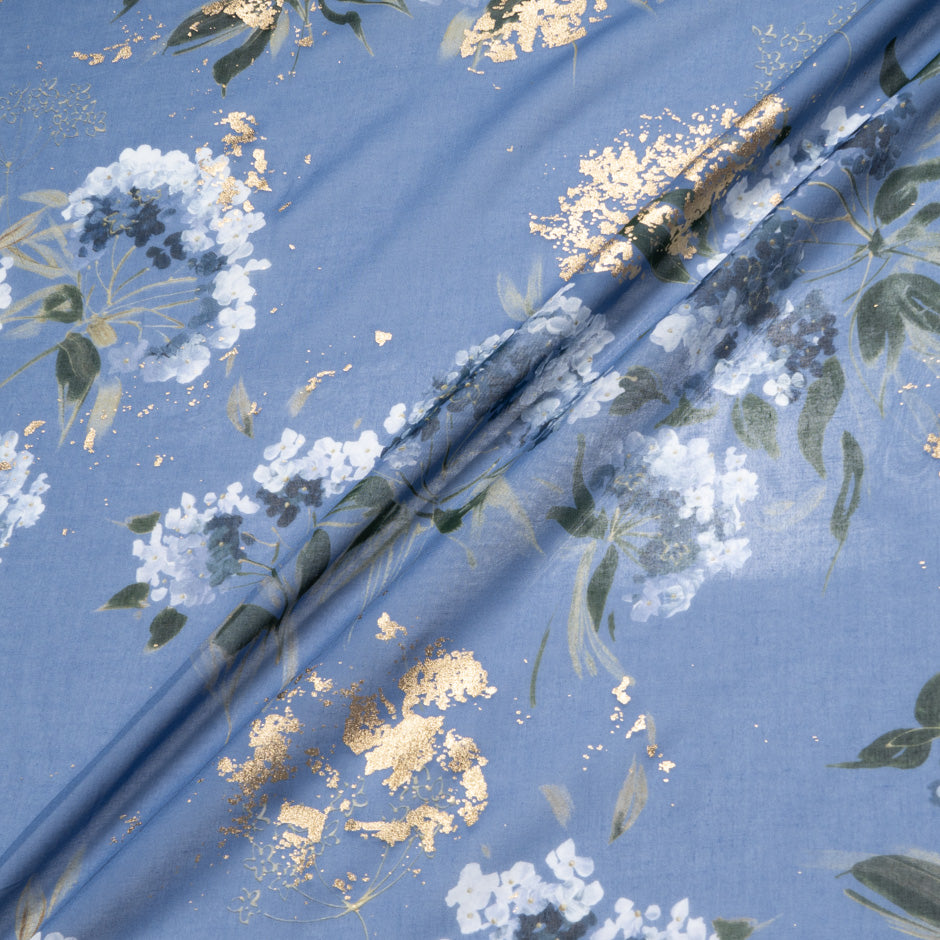 Floral Printed Blue Laminated Cotton Voile