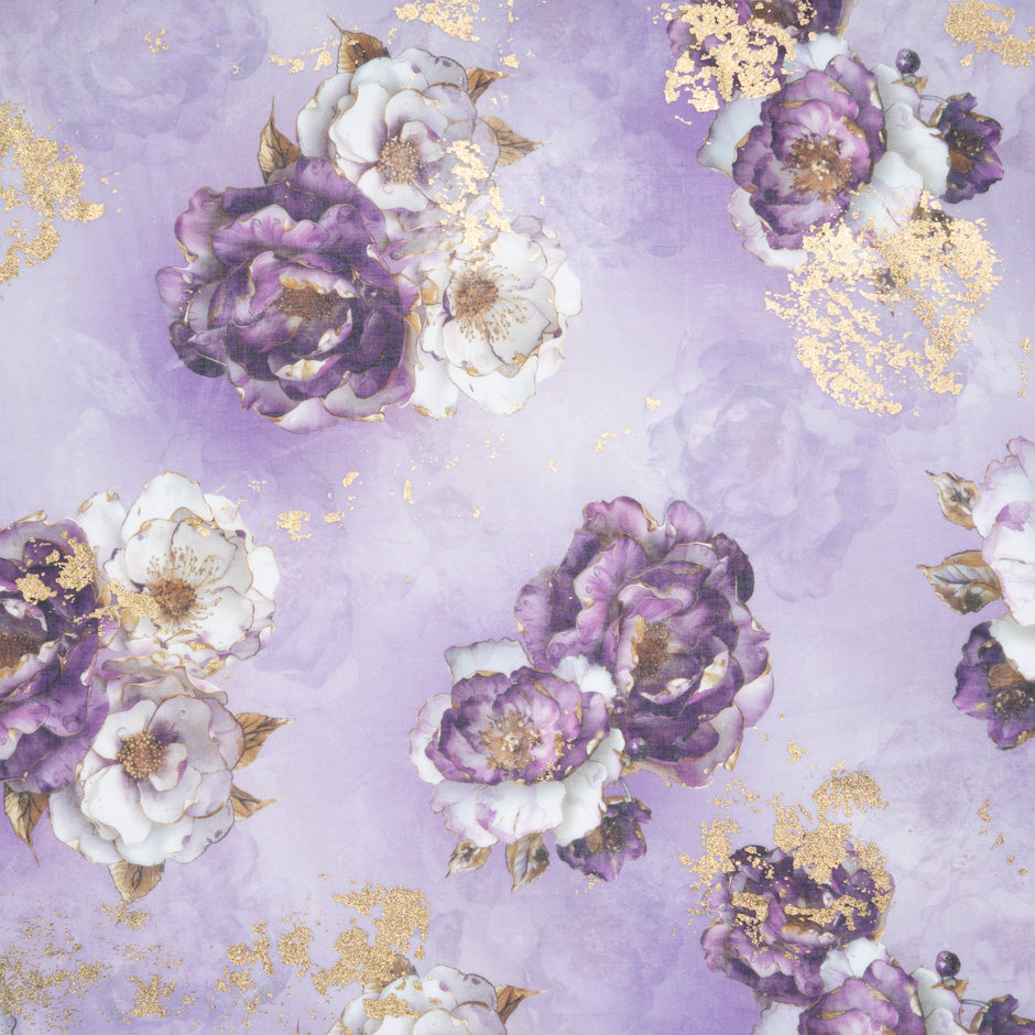 Floral Printed Purple Laminated Cotton Voile