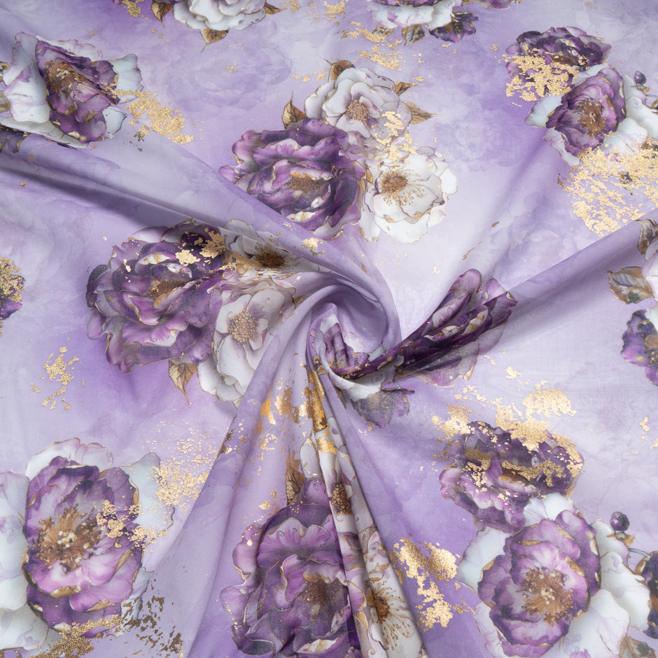 Floral Printed Purple Laminated Cotton Voile