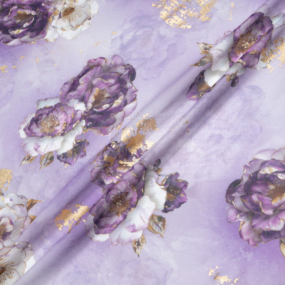 Floral Printed Purple Laminated Cotton Voile