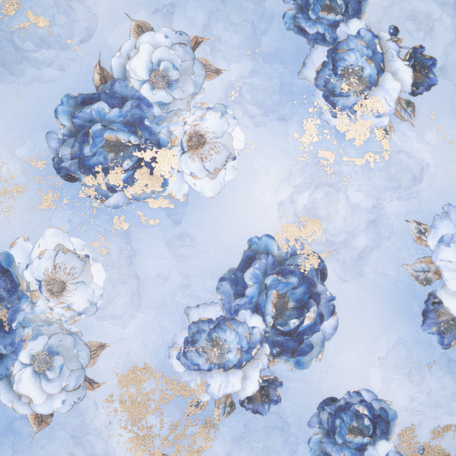 Floral Printed Blue Laminated Cotton Voile