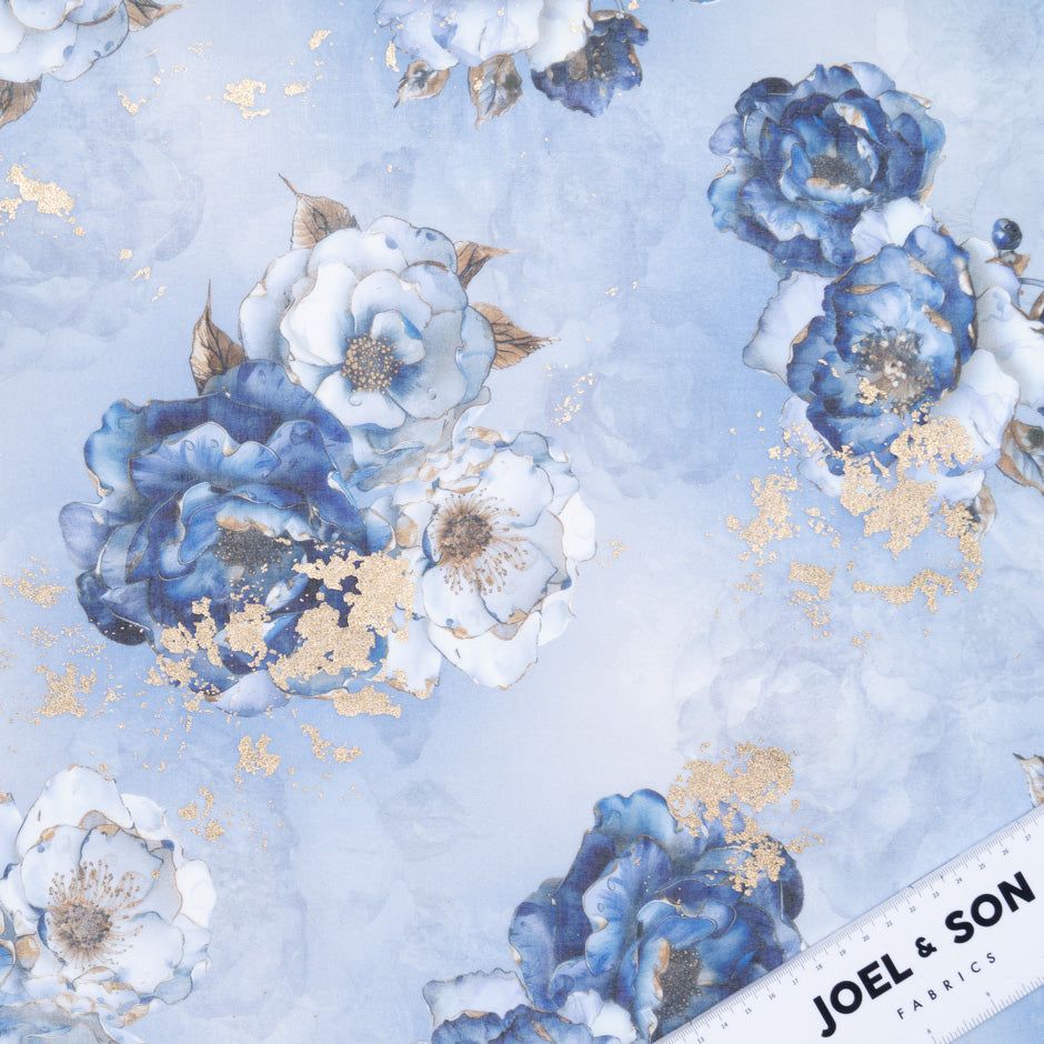 Floral Printed Blue Laminated Cotton Voile