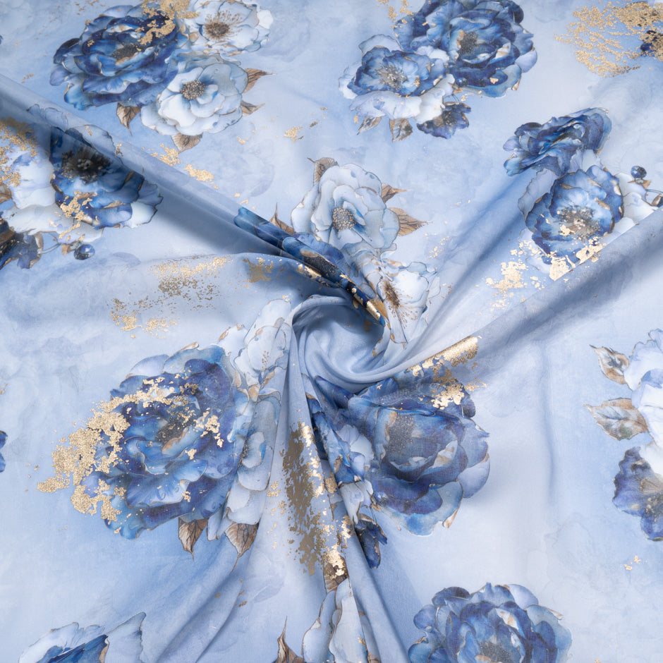 Floral Printed Blue Laminated Cotton Voile