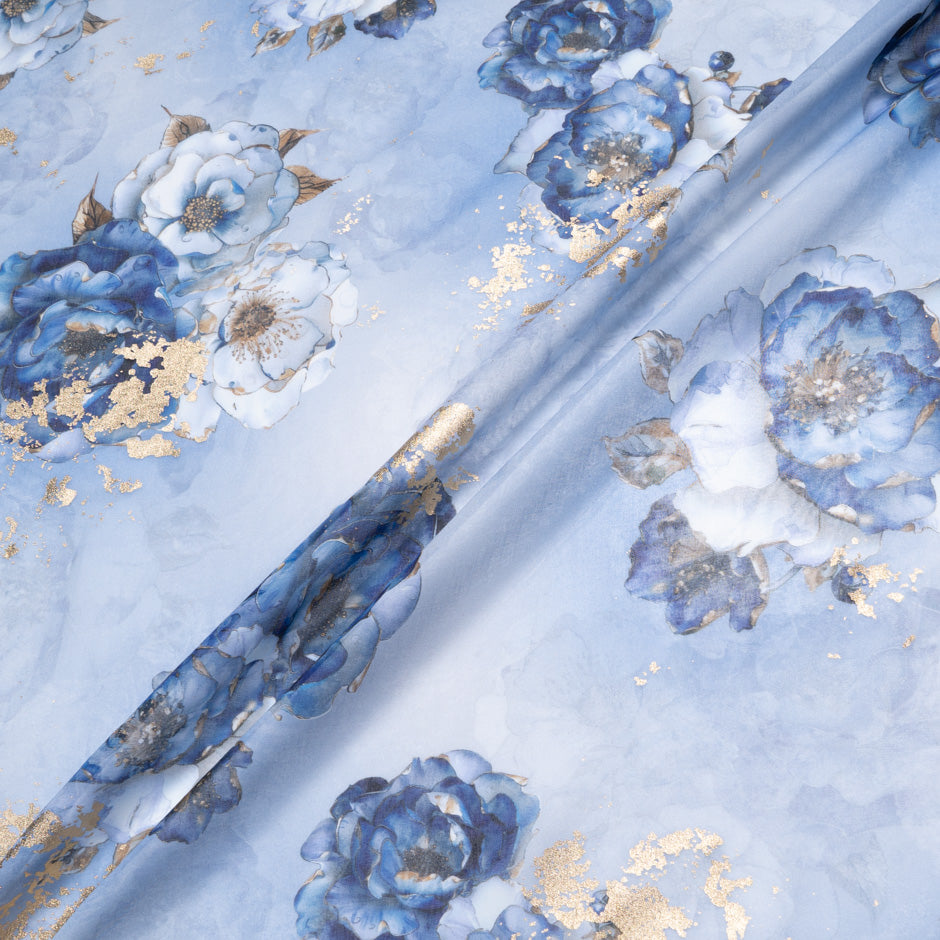 Floral Printed Blue Laminated Cotton Voile