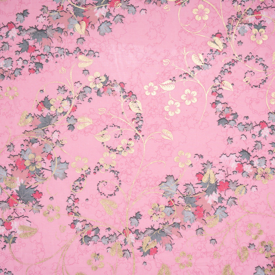 Gold Floral Laminated Candy Pink Cotton Voile