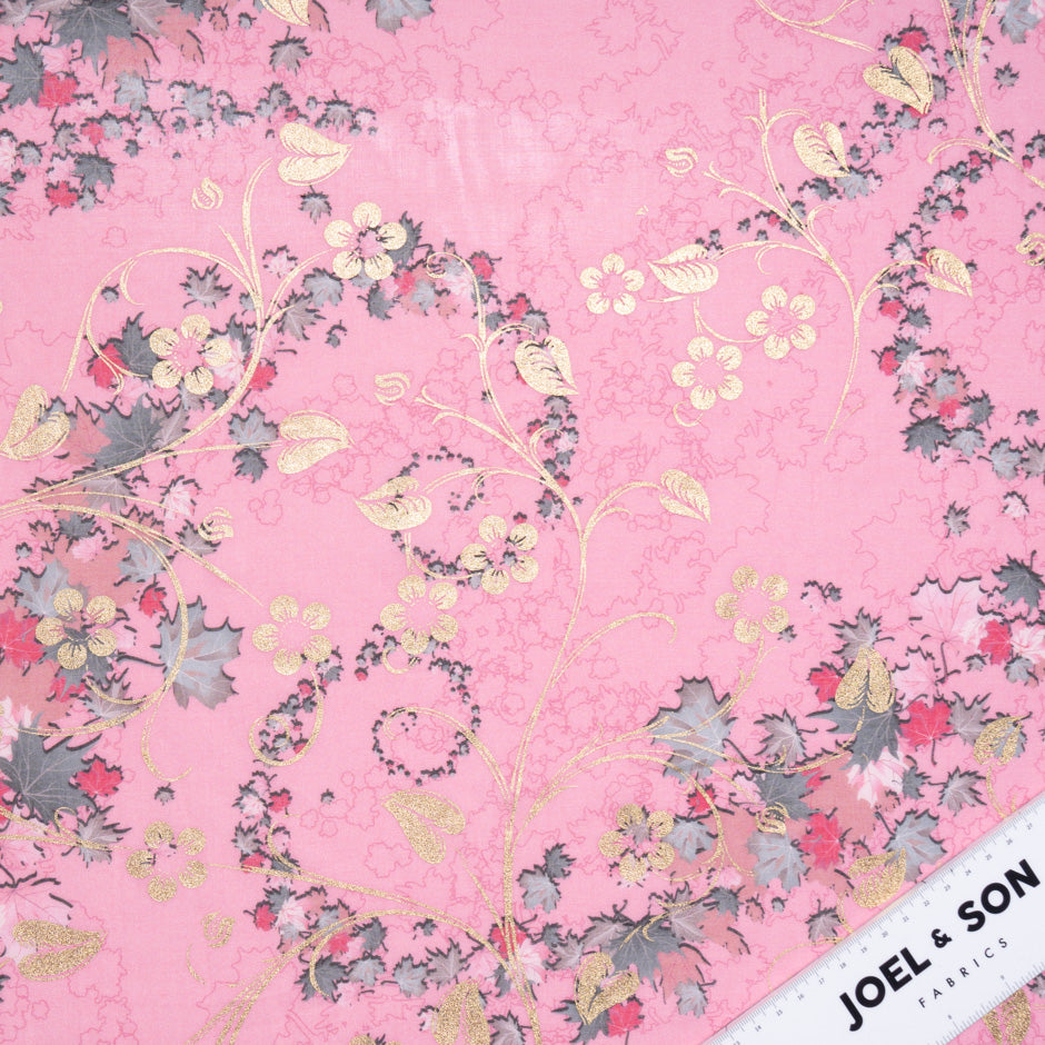 Gold Floral Laminated Candy Pink Cotton Voile