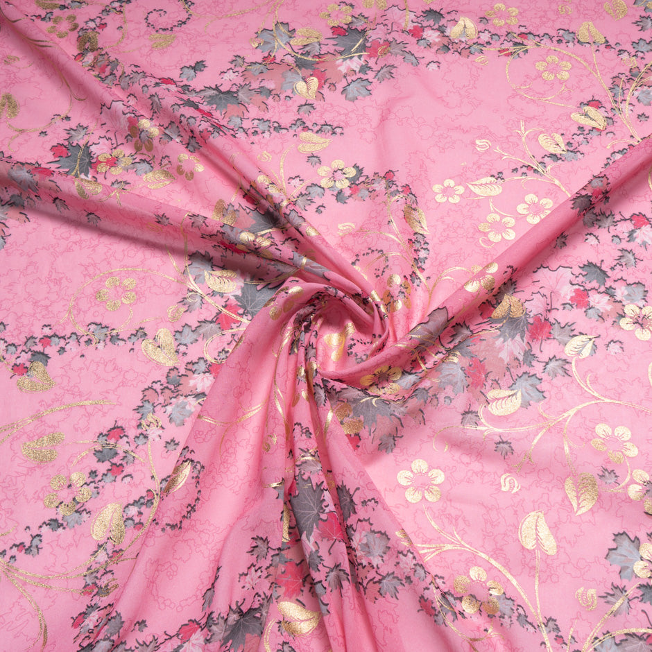Gold Floral Laminated Candy Pink Cotton Voile
