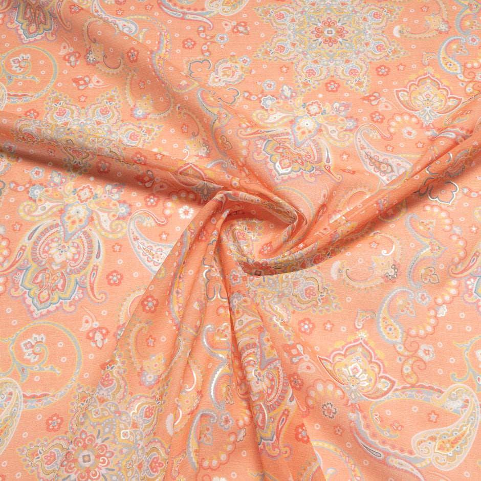 Vision Printed Soft Orange Metallic Cotton Voile