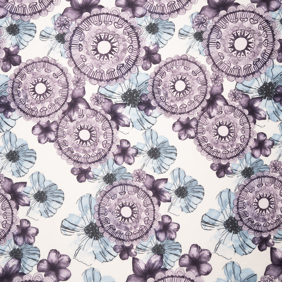 Blue & Plum Printed White Silk Twill