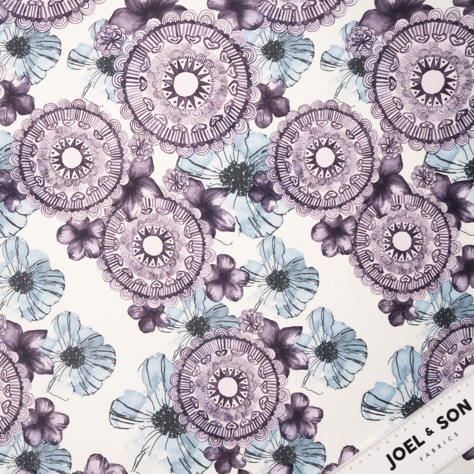 Blue & Plum Printed White Silk Twill