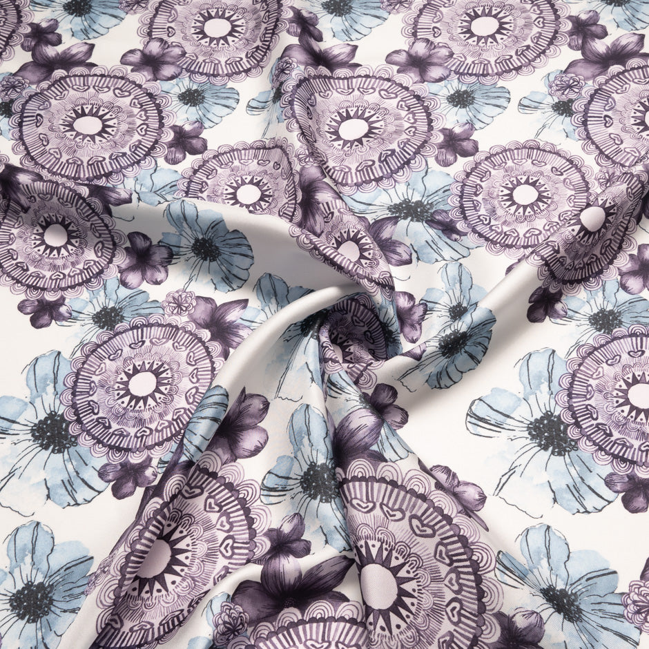 Blue & Plum Printed White Silk Twill