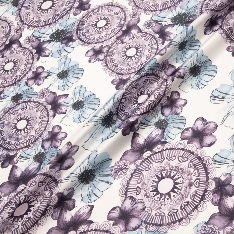 Blue & Plum Printed White Silk Twill