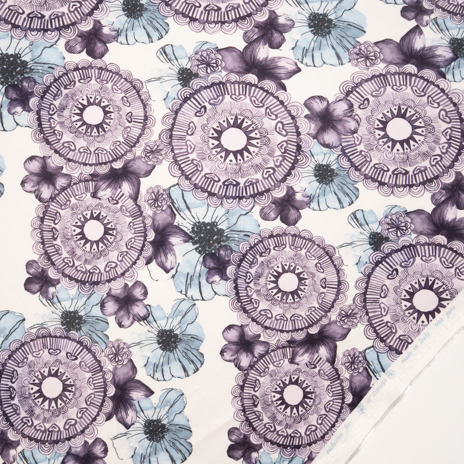 Blue & Plum Printed White Silk Twill