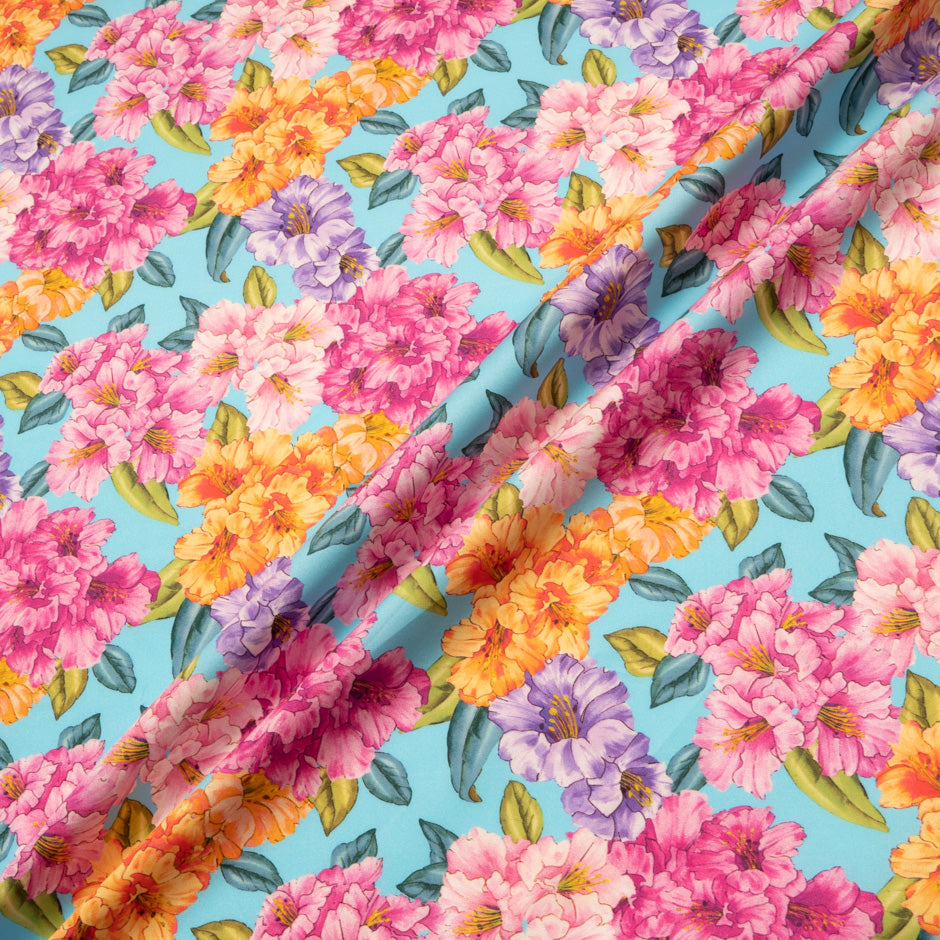 Pink & Orange Floral Printed Sky Blue Pure Cotton