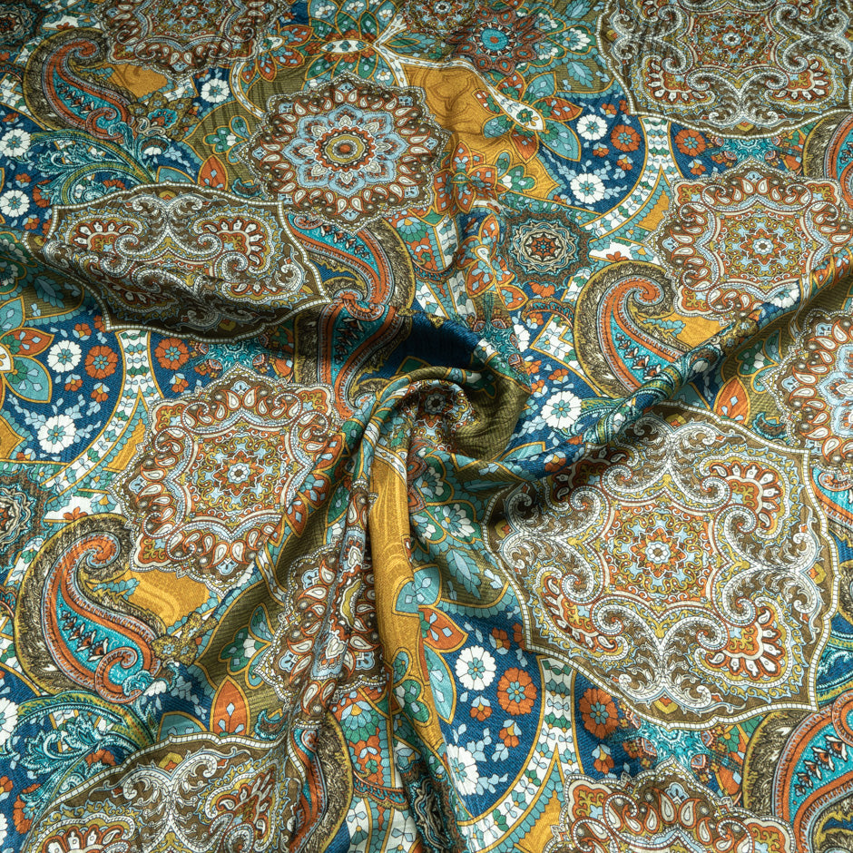 Kaleidoscopic Floral Mustard Printed Silk Jacquard
