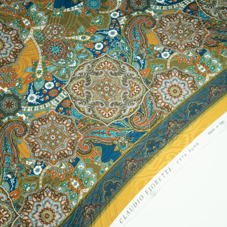 Kaleidoscopic Floral Mustard Printed Silk Jacquard