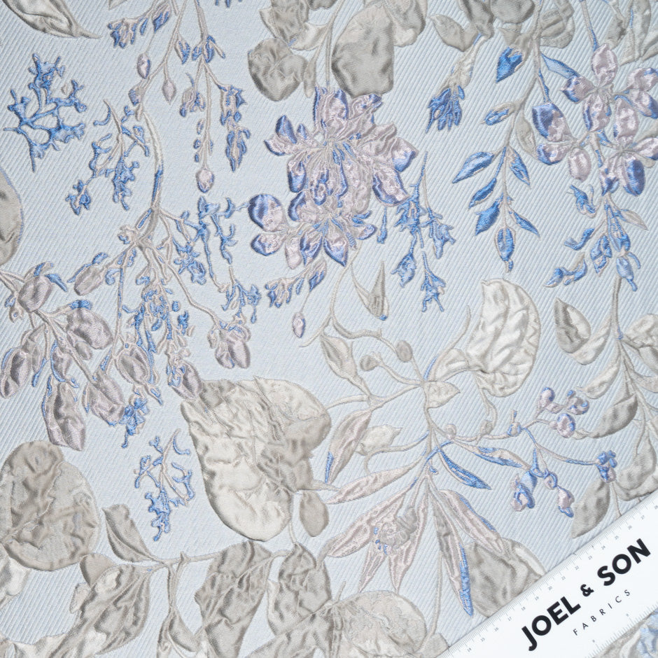 Blue & Taupe Floral Metallic Cloqué