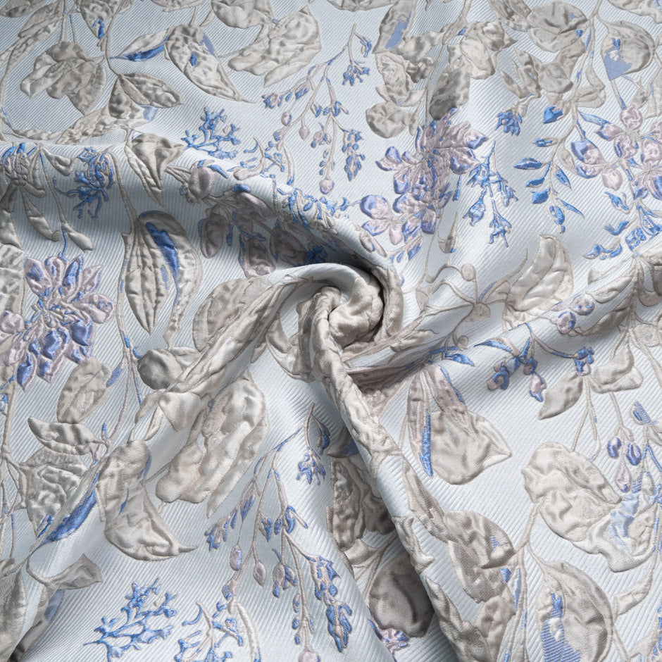 Blue & Taupe Floral Metallic Cloqué