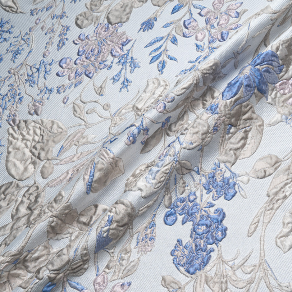 Blue & Taupe Floral Metallic Cloqué