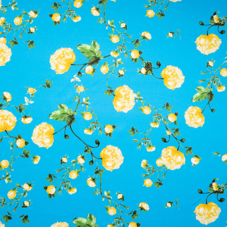 Yellow Floral Printed Rich Turquoise Luxury Cotton (A 1.15m Piece)