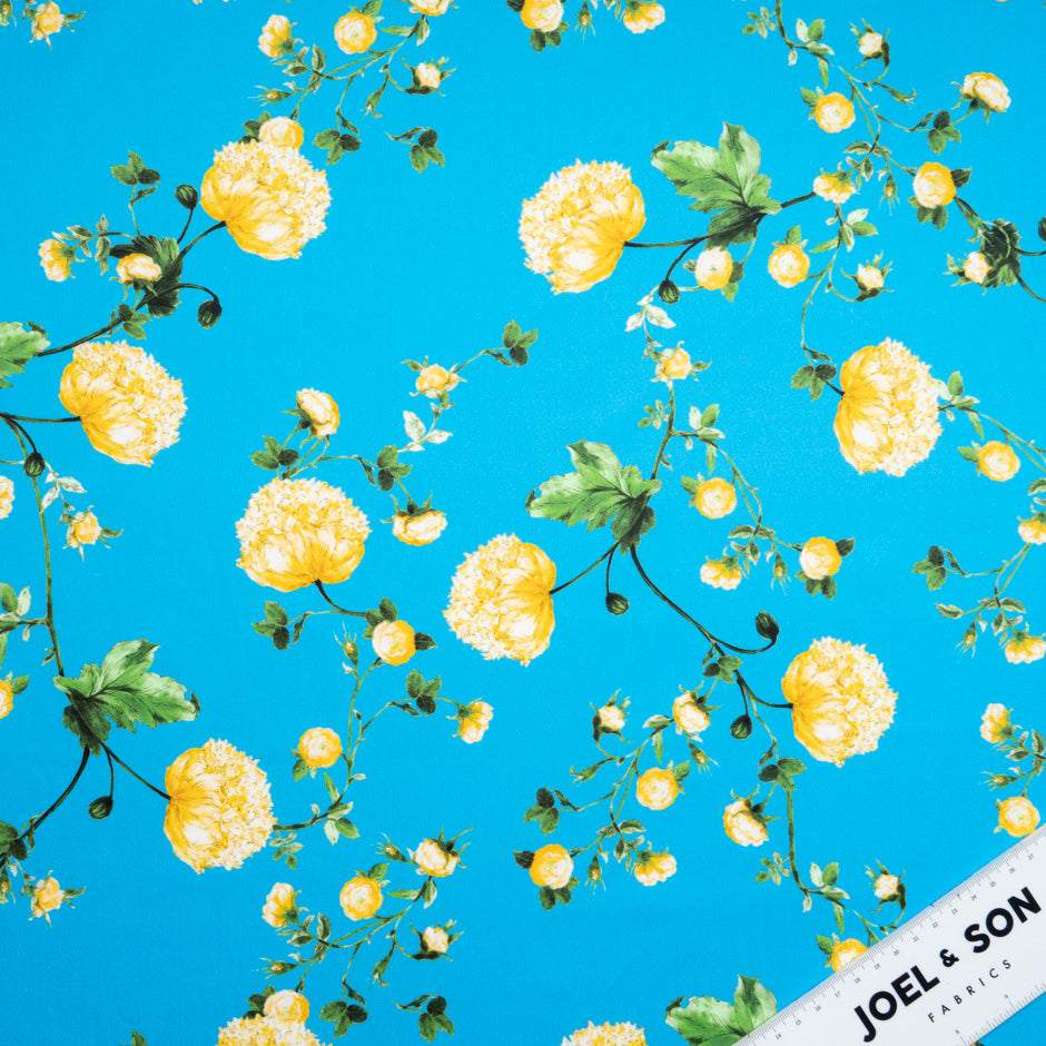 Yellow Floral Printed Rich Turquoise Luxury Cotton (A 1.15m Piece)
