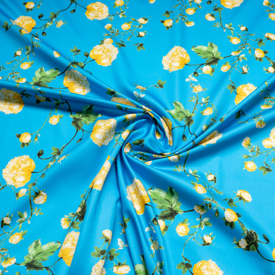 Yellow Floral Printed Rich Turquoise Luxury Cotton (A 1.15m Piece)