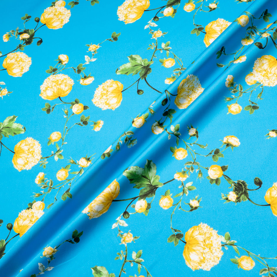 Yellow Floral Printed Rich Turquoise Luxury Cotton (A 1.15m Piece)