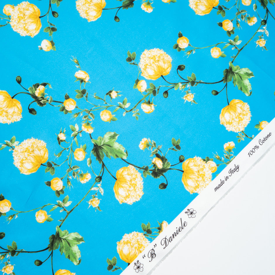 Yellow Floral Printed Rich Turquoise Luxury Cotton (A 1.15m Piece)
