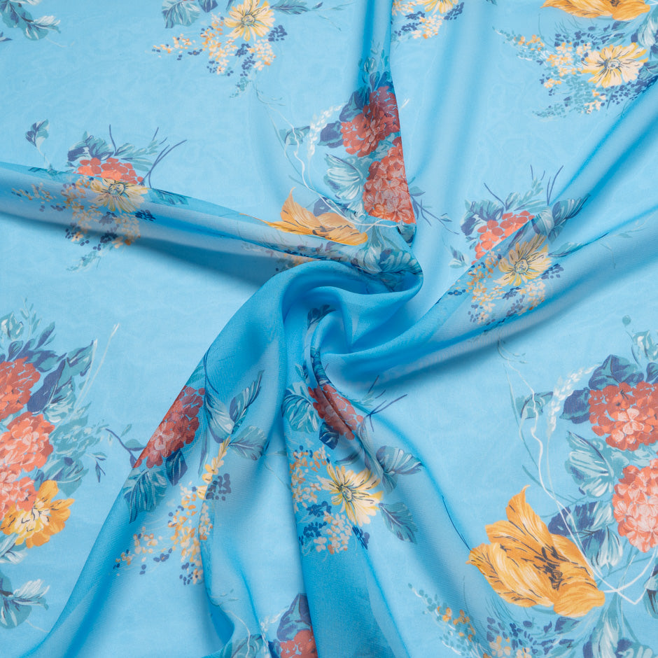 Multi Floral Printed Blue Pure Silk Georgette