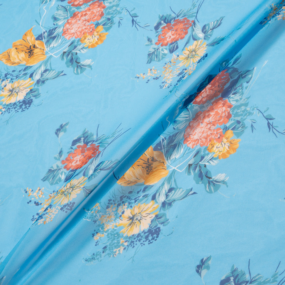 Multi Floral Printed Blue Pure Silk Georgette