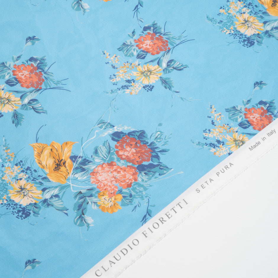 Multi Floral Printed Blue Pure Silk Georgette