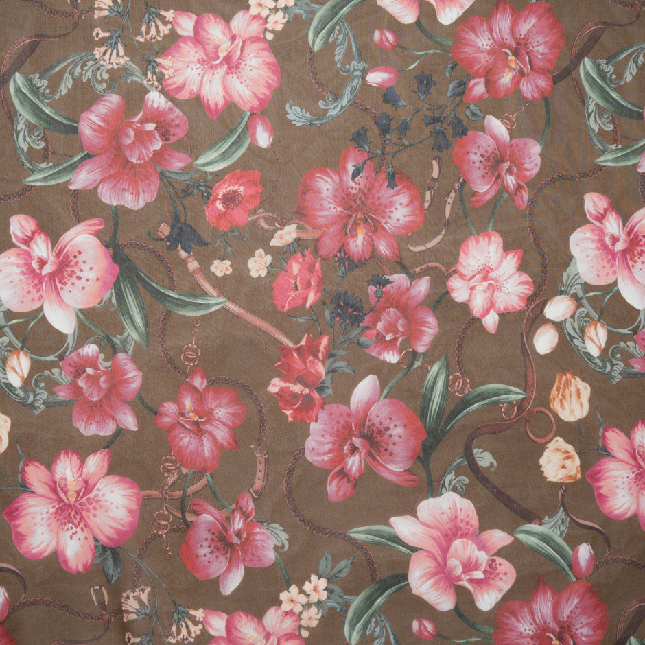 Red Floral Printed Brown Silk Georgette