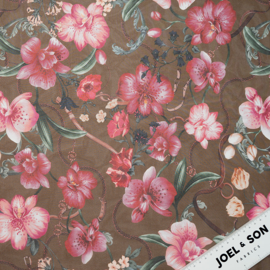 Red Floral Printed Brown Silk Georgette