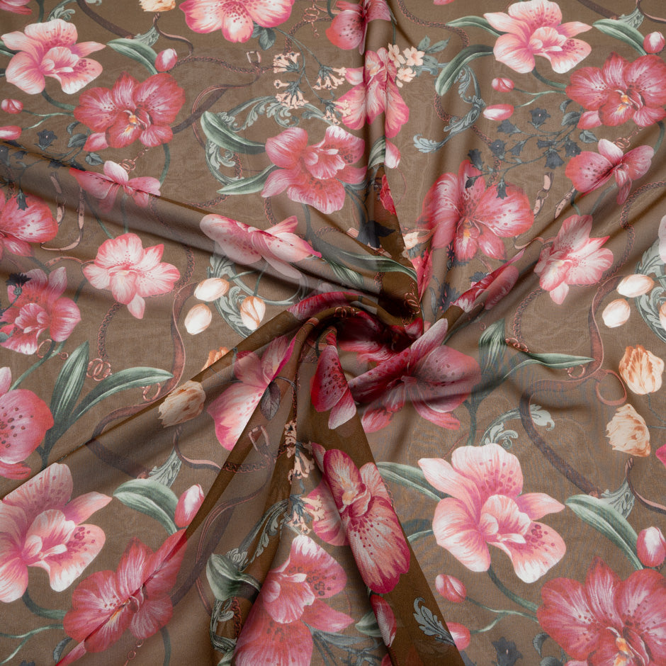 Red Floral Printed Brown Silk Georgette