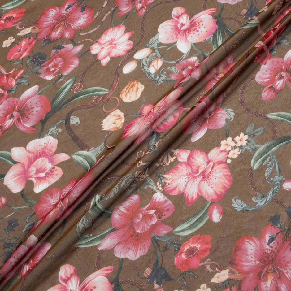 Red Floral Printed Brown Silk Georgette