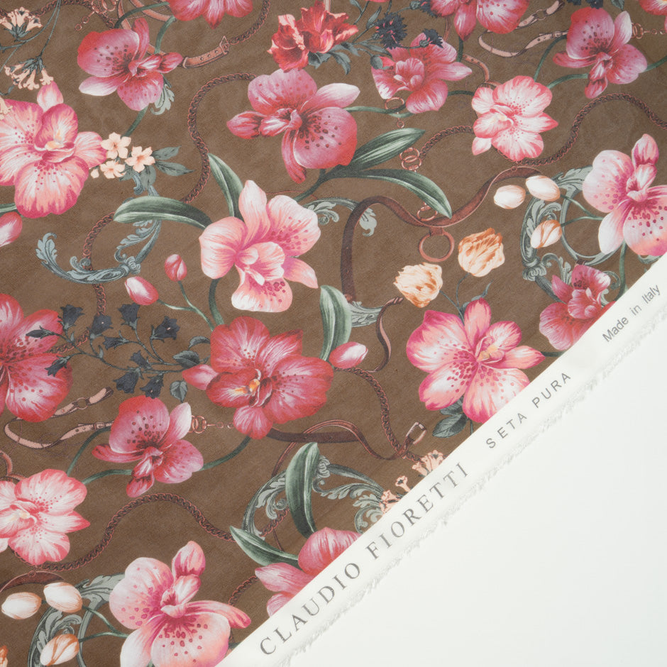 Red Floral Printed Brown Silk Georgette