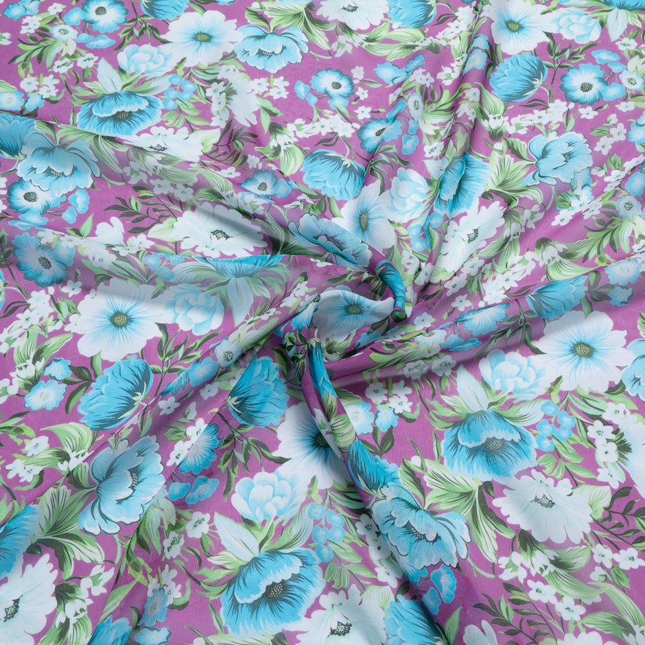 White & Blue Floral Printed Pure Silk Georgette