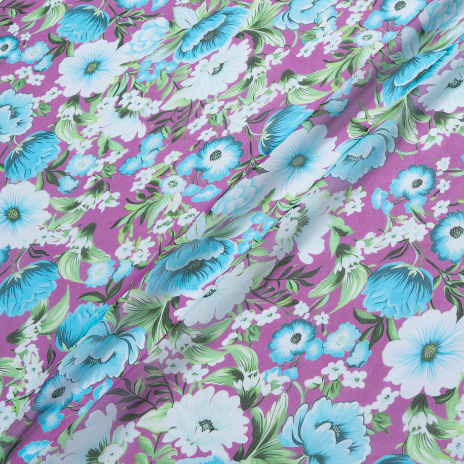 White & Blue Floral Printed Pure Silk Georgette