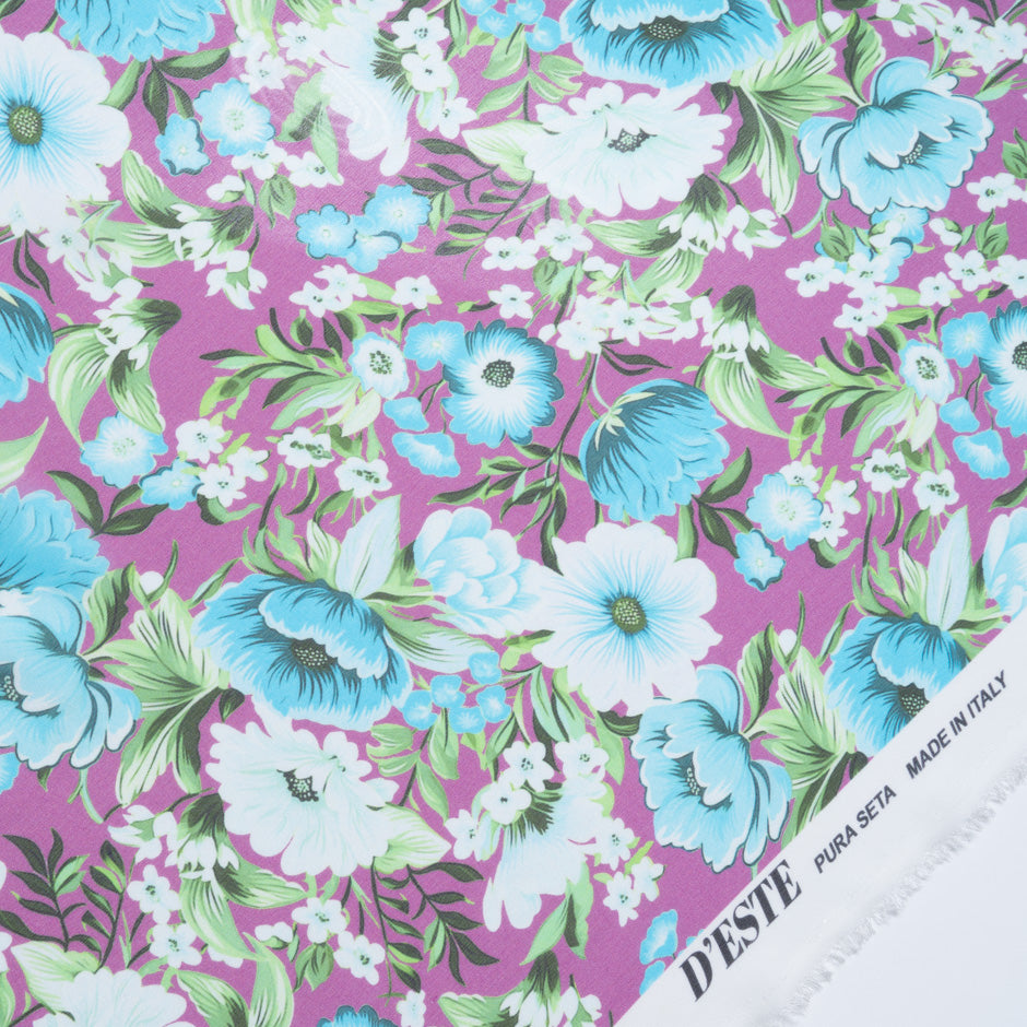 White & Blue Floral Printed Pure Silk Georgette