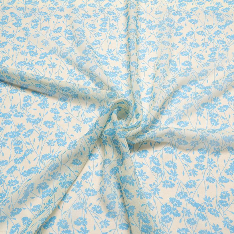 Blue Floral Printed Pale Yellow Silk Georgette