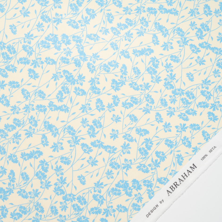 Blue Floral Printed Pale Yellow Silk Georgette