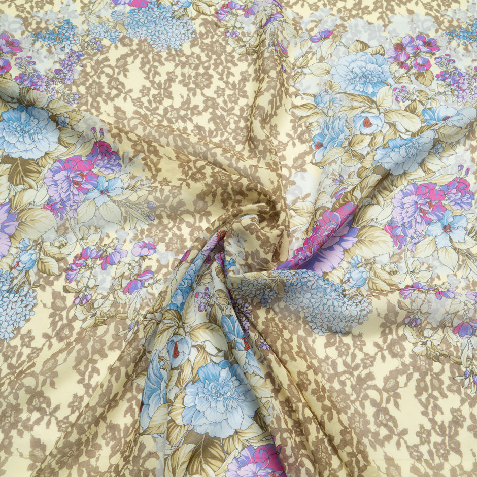 Floral & Beige Lace Printed Silk Georgette