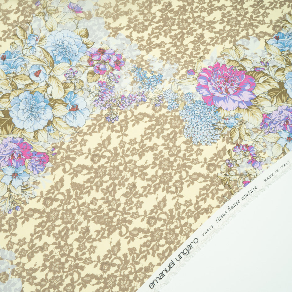 Floral & Beige Lace Printed Silk Georgette