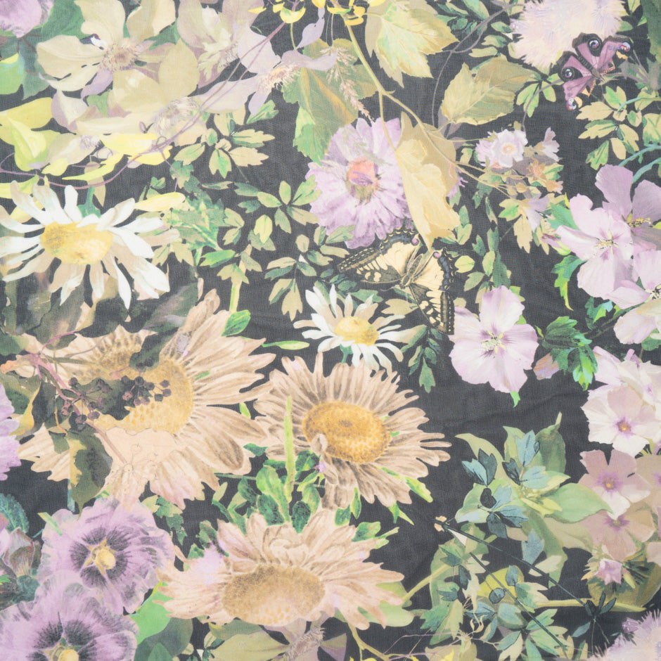 Large Floral Printed Black Pure Silk Georgette (A 2.65m Piece)