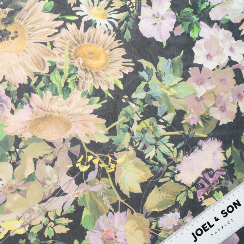 Large Floral Printed Black Pure Silk Georgette (A 2.65m Piece)