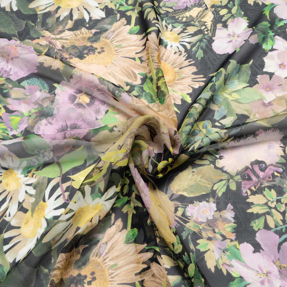 Large Floral Printed Black Pure Silk Georgette (A 2.65m Piece)